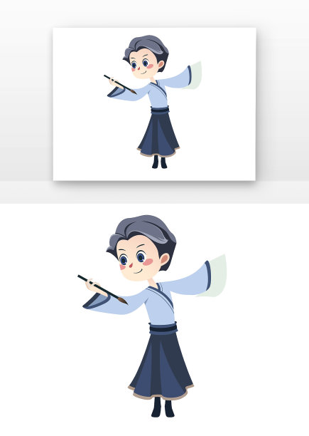拿毛笔古装蓝衣男孩插画元素图片下载