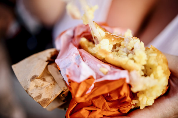 女人的手牵着阿兰西尼，炸丸子饭图片下载