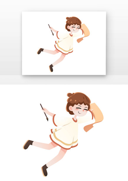 拿毛笔白衣女孩插画元素图片下载