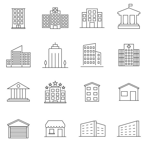 建筑物线图标集银行商店大学图片下载