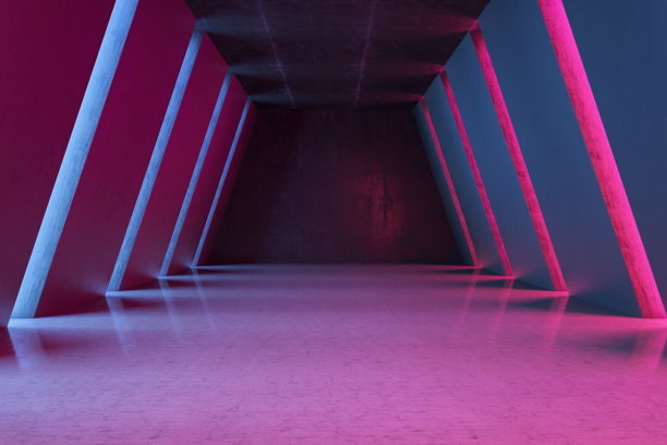霓虹灯彩色走廊，红色，洋红和蓝色灯图片下载