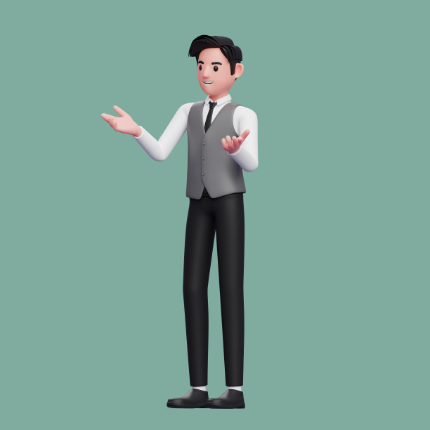 做演讲手势，身穿灰色办公室马甲的男人3D渲染角色插图图片下载