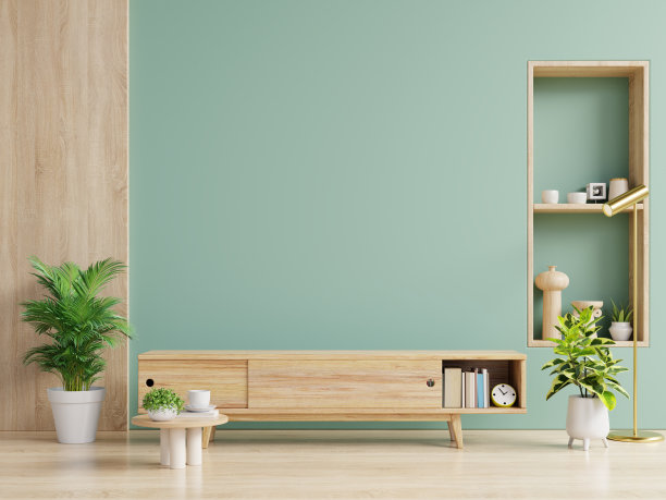 现代室内客厅，绿色墙面背景的电视柜。图片下载