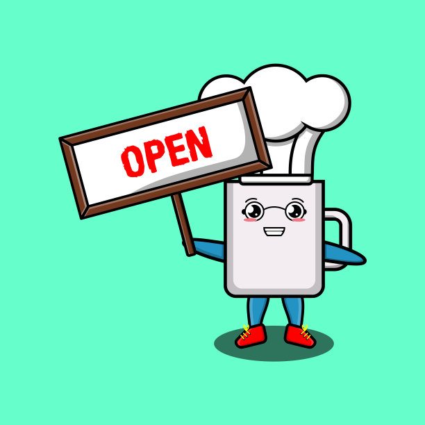 可爱的卡通马克杯人物举着开放的标志图片下载