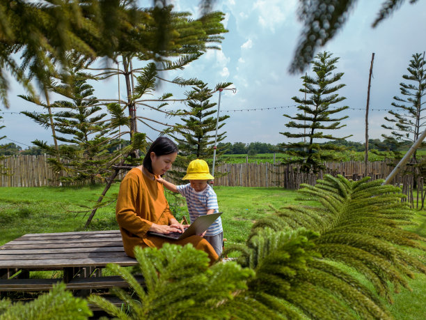 快乐的母亲和儿子使用笔记本电脑，同时在大自然中露营图片下载