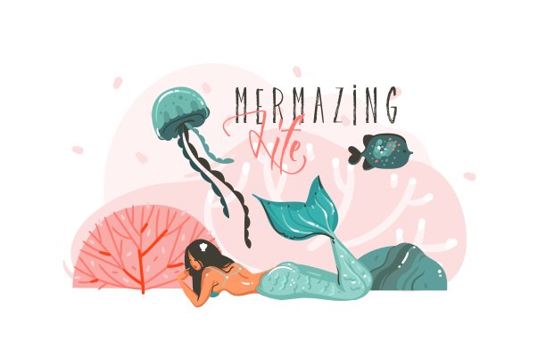 手绘矢量抽象卡通图形水下插图海报珊瑚礁，鱼，海藻和美丽美人鱼女孩字符与人鱼生活排版孤立在白色背景图片下载