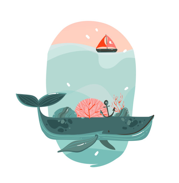 手绘矢量抽象卡通夏季时间图形插图艺术模板打印logo背景与美大鲸鱼，帆和复制空间背景为您的文字孤立在白色图片下载