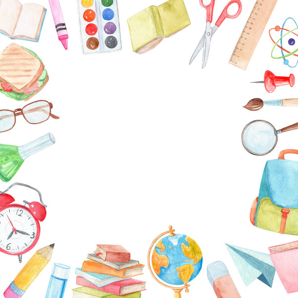 水彩学校用品方形框架孤立在白色图片下载