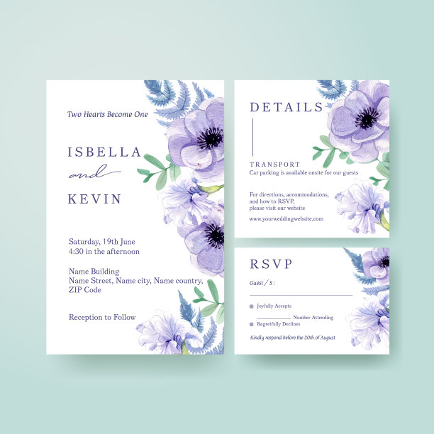 婚礼卡模板与周围的春天花图片下载