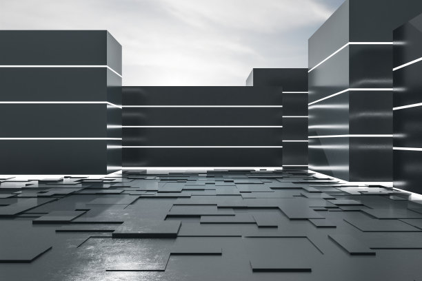 抽象的黑色室内与马赛克地板下沉闷的天空。设计和背景概念。3 d渲染。图片下载