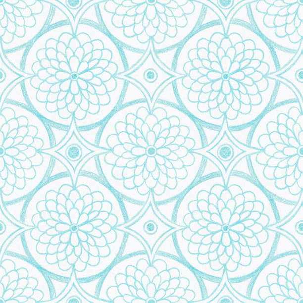 几何无缝图案与蓝绿色轮廓抽象的花朵和圆圈在纹理白色背景图片下载