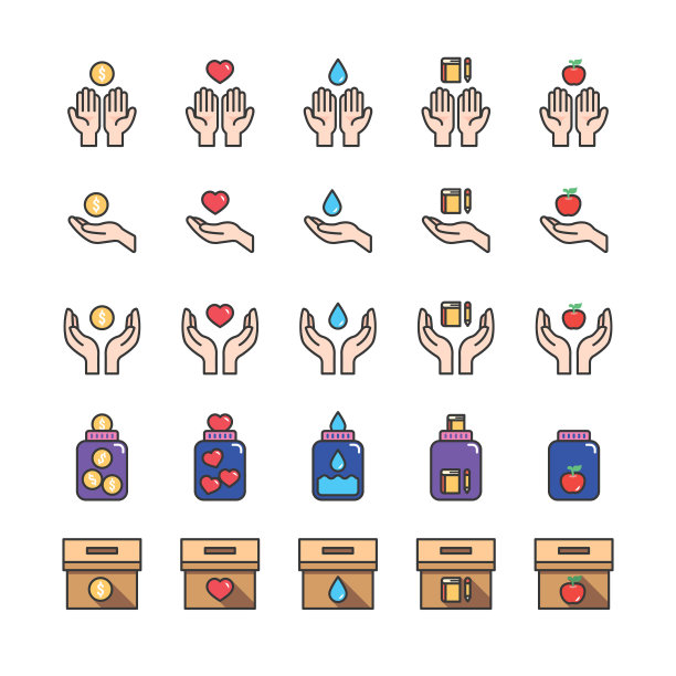 捐赠和慈善扁平图标设置。援助之手，义工帮助，爱心捐赠和爱心箱。设计矢量图片下载