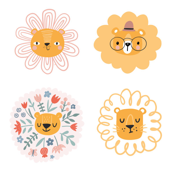 可爱的狮子与花卉元素。现代向量插图。丛林生活剪纸艺术。矢量插图。动物有趣的涂鸦。图片下载