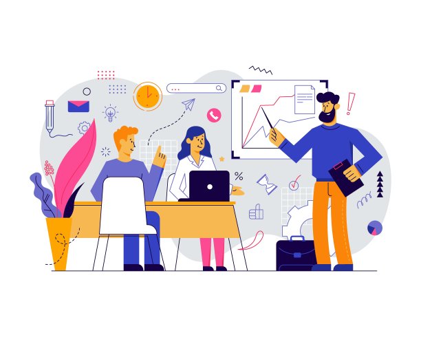 公司会议。员工讨论业务策略和计划进一步的行动。头脑风暴。矢量图孤立在白色上图片下载