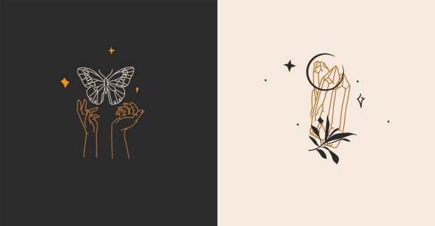 手绘矢量抽象股票平面图形插图集合设置标志元素，波西米亚魔法艺术标志的水晶宝石石头在人的手和明星在简单的风格品牌。图片下载