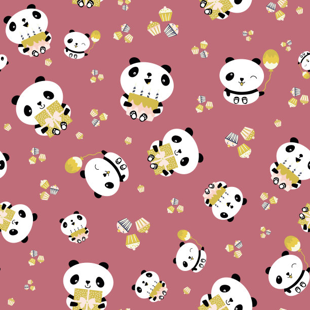 卡哇伊熊猫生日快乐矢量无缝图案背景。可爱的背景，笑的卡通熊拿着蛋糕，气球，纸杯蛋糕。粉红色的设计。为宝宝和孩子庆祝生日图片下载
