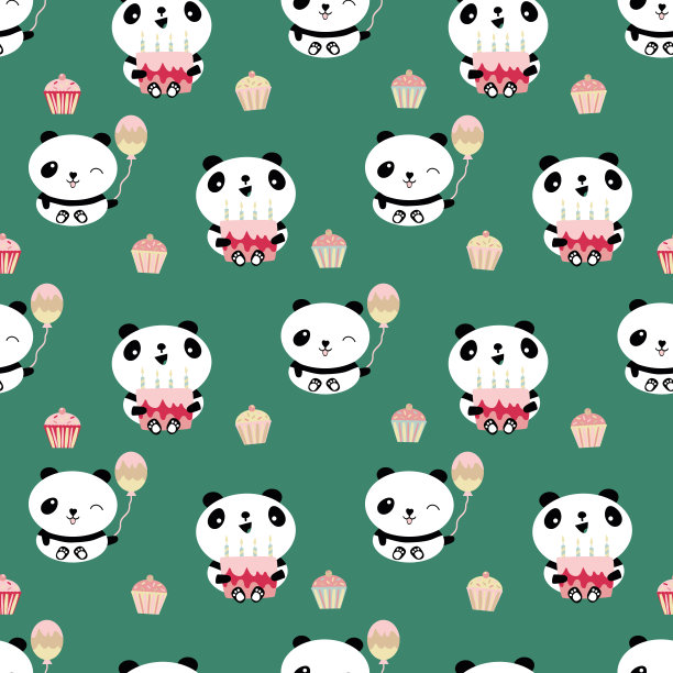 卡哇伊熊猫生日快乐矢量无缝图案背景。可爱的背景，笑的卡通熊拿着蛋糕，气球，纸杯蛋糕。为孩子庆祝生日重复绿色中性图片下载