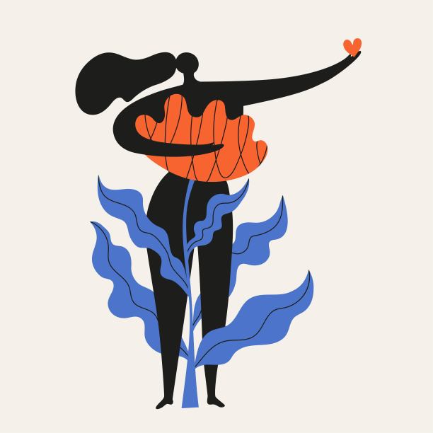 矢量插图与卡通黑人妇女剪影花和红色的心。图片下载