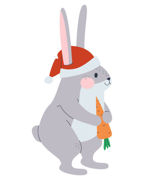 兔子站在那里，爪子里拿着一根胡萝卜。戴着红色圣诞帽的兔子。孤立在白色背景。平面向量插图。图片下载