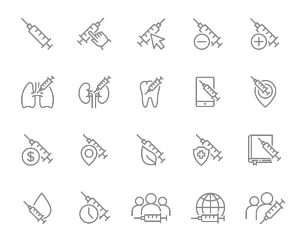 接种线图标的集合。医疗注射器、冠状病毒疫苗、免疫接种、covid 19等。图片下载