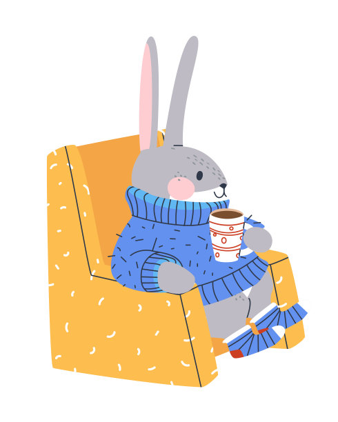 兔子坐在舒适的扶手椅上，穿着温暖的自制毛衣，喝着一杯热可可。可爱舒适的兔子插画。孤立在白色背景。平面向量插图。图片下载