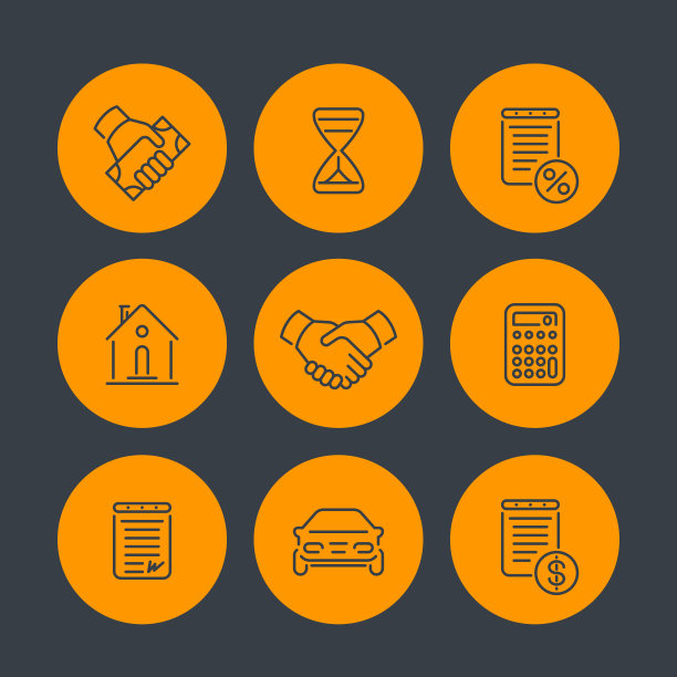 租赁线图标集，银行，贷款，资产，交易，安排，合同，矢量插图图片下载