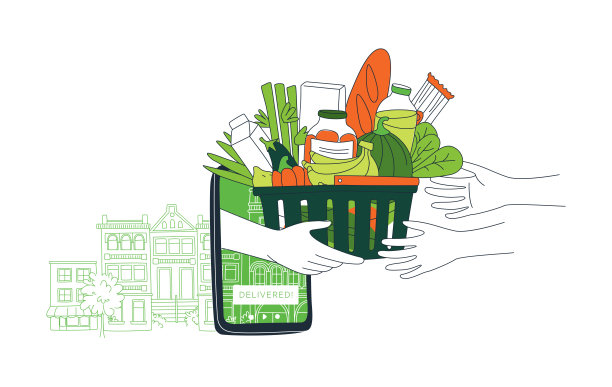 手机应用程序订购食品杂货。快递交付。背景的城市景观图片下载