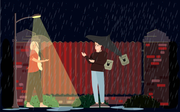 在一个被篱笆灯照亮的夜晚城市的潮湿和多雨的天气。图片下载