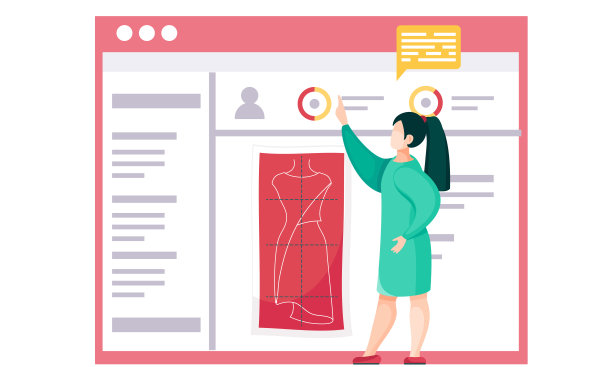未来的衣服计划。定制服装的式样。女孩指着背景上的素描图片下载