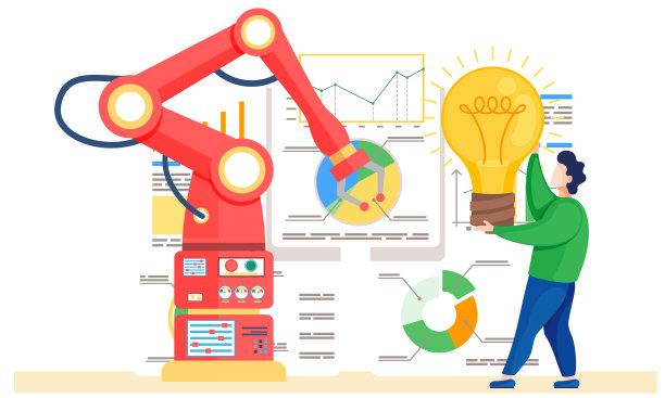 智慧产业新经营理念。开发工人控制机械臂，现代化机器图片下载