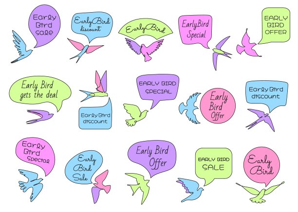 早期的鸟标签。早期顾客特别优惠，商店销售优惠标签与语音气泡框和一行鸟图标图片下载