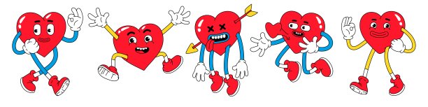 心有趣的人物。情人节插画在时髦的复古卡通风格。爱的概念。图片下载