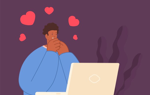 视频在线浪漫电话。一个黑人坐在笔记本电脑前。远程约会，快乐男聊天互联网矢量概念图片下载