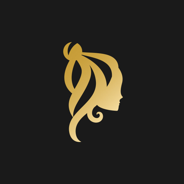 黄金女人剪影标志型。女性侧脸。矢量标志孤立在黑色。图片下载