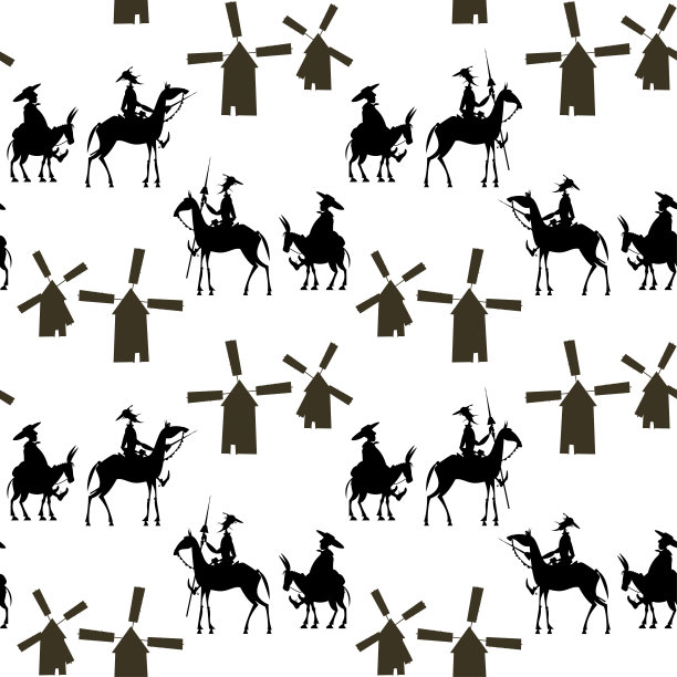 侠客堂吉诃德和他的仆人桑丘·潘扎还有风车。黑色和白色。无缝的背景图案图片下载