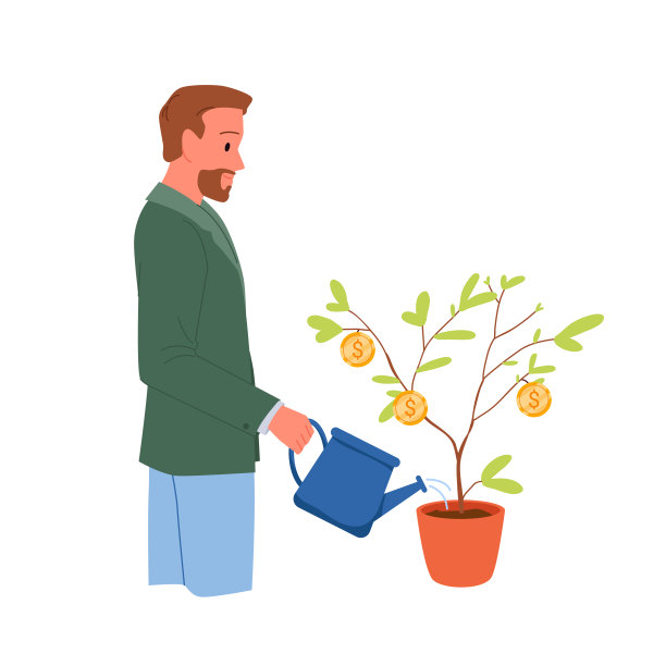 手持喷壶的男子正在给挂着硬币的花盆里的钱树浇水图片下载