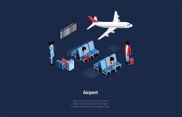 现代国际机场航站楼概念。旅客带着行李在离港候机室等候离境。等距三维卡通矢量插图图片下载