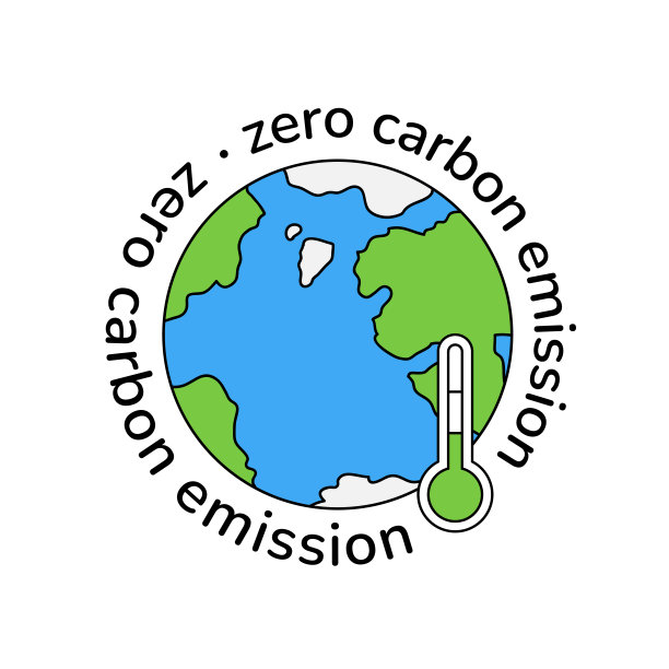 零碳排放文字环绕地球徽章轮廓矢量插图。二氧化碳中性，温室气体减排，零碳足迹的概念。带温度计的行星地球。图片下载