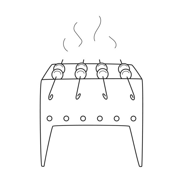 涂鸦烧烤与串串。在煤上烤肉。在野餐、野营、远足、旅行中烹饪的食物。白种人的菜。轮廓黑色白色矢量插图孤立在白色上。图片下载