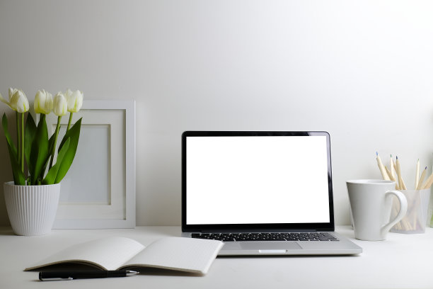 电脑笔记本，咖啡杯，笔记本，相框，花盆，舒适的工作环境。图片下载