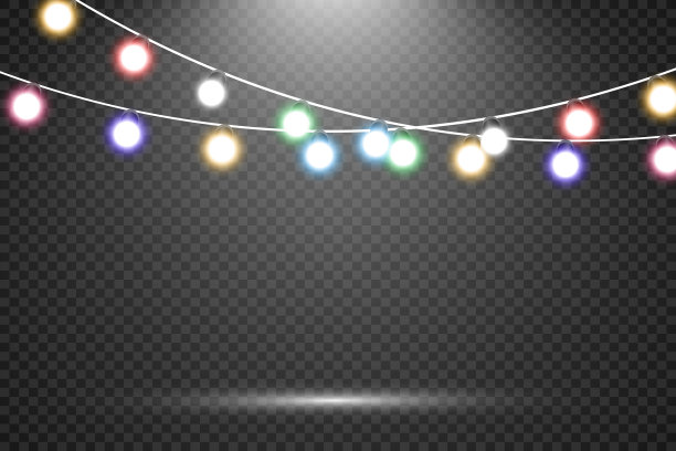 圣诞节明亮、美丽的彩灯，设计元素。设计圣诞贺卡用的发光灯。花环，轻圣诞装饰。图片下载