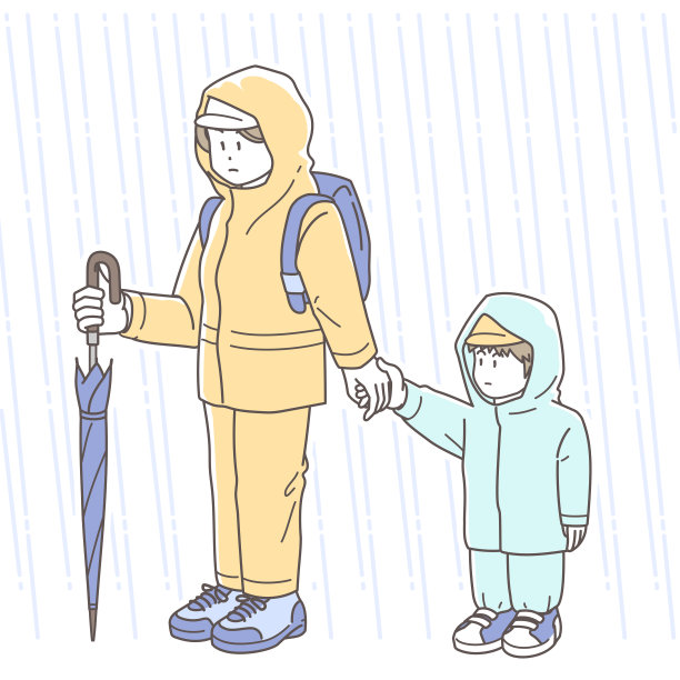 一名妇女在暴雨灾难中与她的孩子手拉手撤离的插图。图片下载