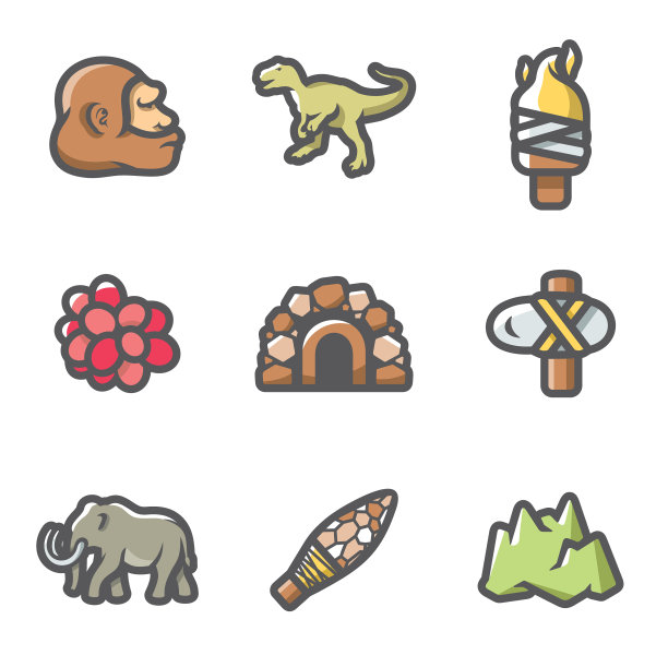 石器时代和恐龙黎明的图标集图片下载