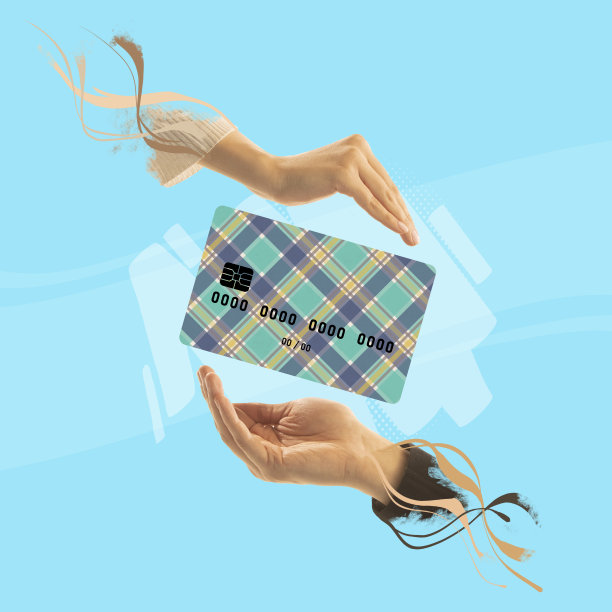 当代艺术拼贴。现代彩色设计与人的手触及信用卡孤立的蓝色背景图片下载