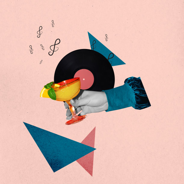 当代艺术拼贴。创意设计与美味的酒精鸡尾酒广告复古黑胶唱片孤立在桃背景图片下载