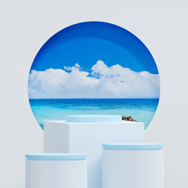 白色和蓝色的领奖台在蓝色的天空上的白色平台上是最小的。展示化妆品和珠宝产品的舞台。台座上的现代3d工作室图片下载
