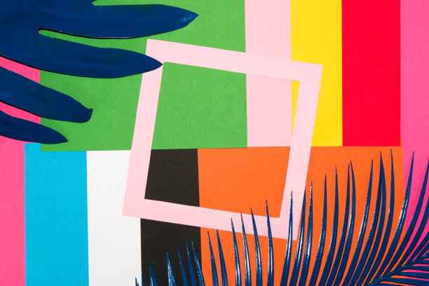 艺术彩色壁纸与粉红色的框架，现代时尚的热带设计，棕榈和丛林蓝色的叶子图片下载