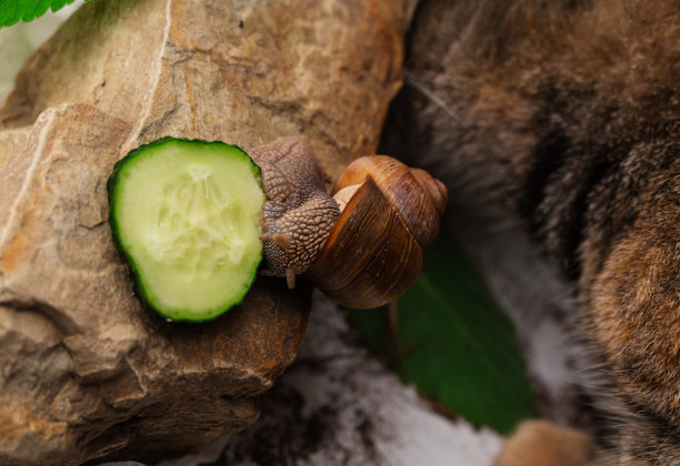 葡萄蜗牛和黄瓜片放在石头上，旁边是虎斑猫。图片下载