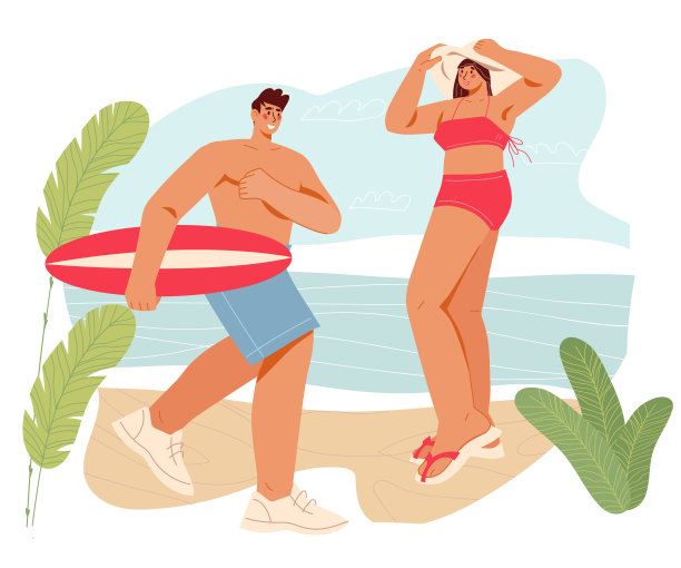 年轻人在海滩上游泳，骑冲浪，平矢量孤立。图片下载