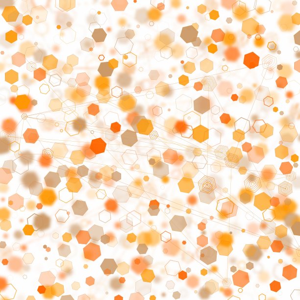 一个抽象的光点和模糊六边形背景的插图，如散景斑六边形形状粒子与黑色背景上的连接线图片下载